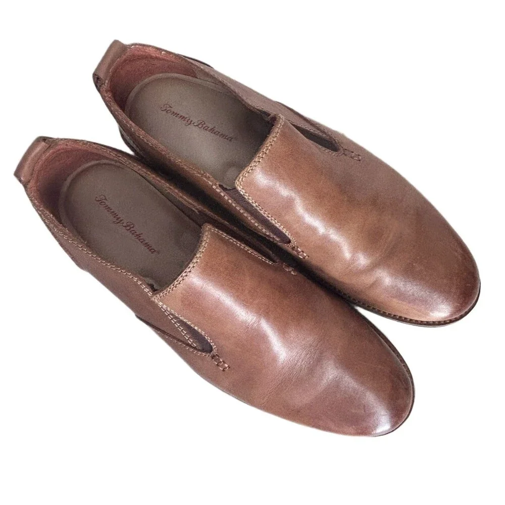 Tommy Bahama Eaton Loafers Mens 9 Brown Leather Shoes Slip On Stretch Preppy
